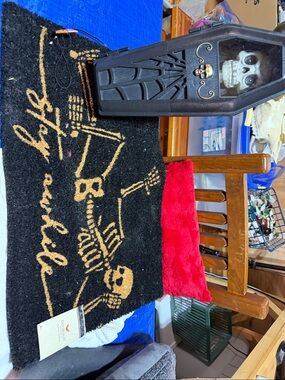 Bundle !!! Source Unknown Black Coffin Prop with Skull and Gold Accent rug